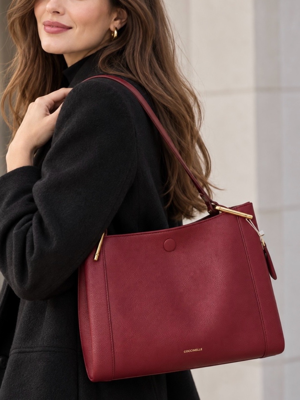 Coccinelle Pebbled Italian Leather Shoulder Bag in Bordeaux NWT